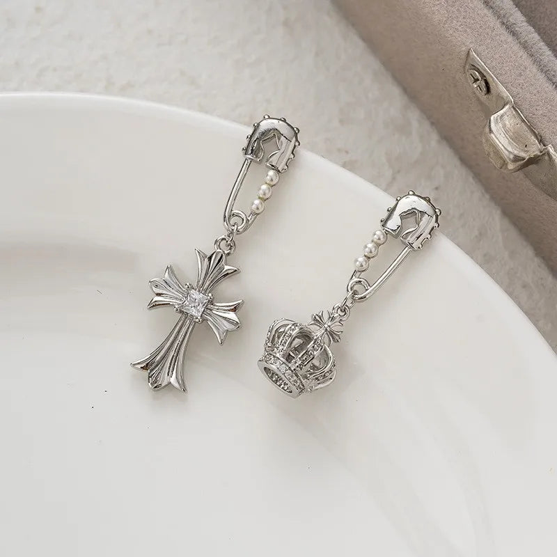 Cross Crown Clothespin Earings 925 Silver image 0
