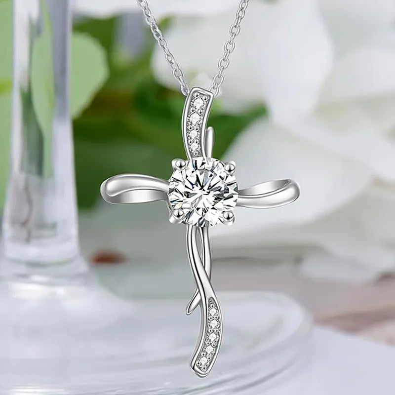 Elegant Cross S925 Silver Necklace with Moissanite Stone image 1