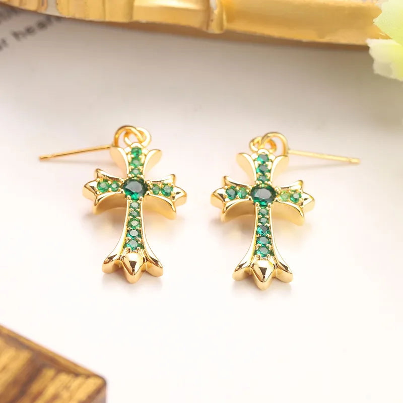 S925 Silver Needle Copper Embedded Zirconia 18K Gold Plated True Gold Cross Earr image 2