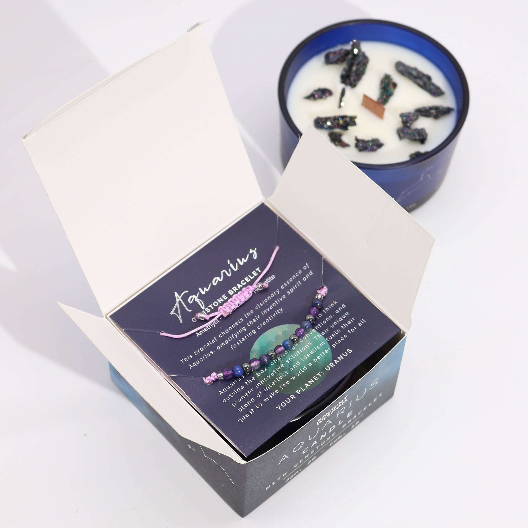 Zodiac Crystal Candle with Gemstone Bracelet - Aquarius image 1