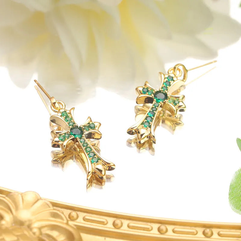 S925 Silver Needle Copper Embedded Zirconia 18K Gold Plated True Gold Cross Earr image 1