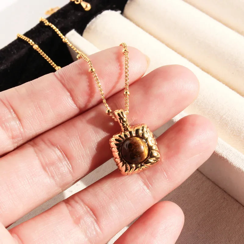 Brass 24K Gold Plated Inlay Square Tiger Eye Pendant Necklace image 0
