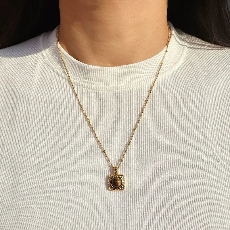 Brass 24K Gold Plated Inlay Square Tiger Eye Pendant Necklace image 1