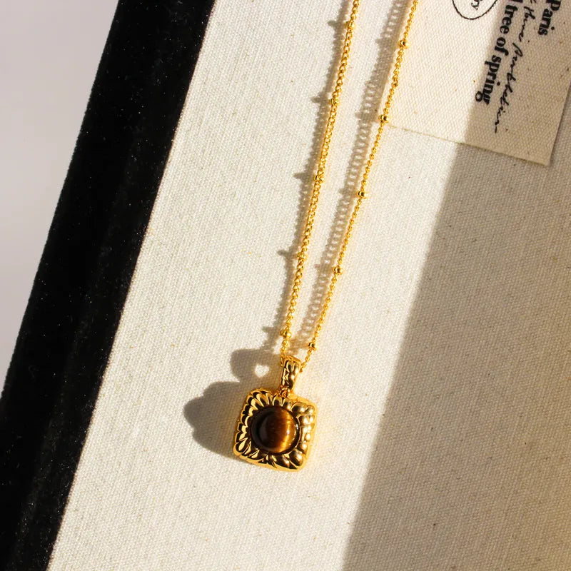 Brass 24K Gold Plated Inlay Square Tiger Eye Pendant Necklace image 2