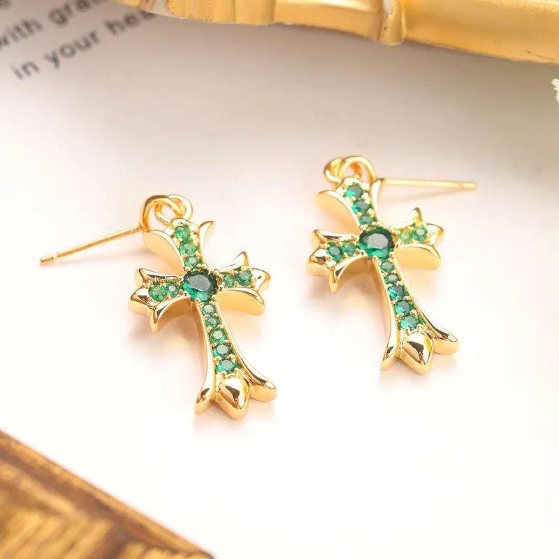 S925 Silver Needle Copper Embedded Zirconia 18K Gold Plated True Gold Cross Earr image 0