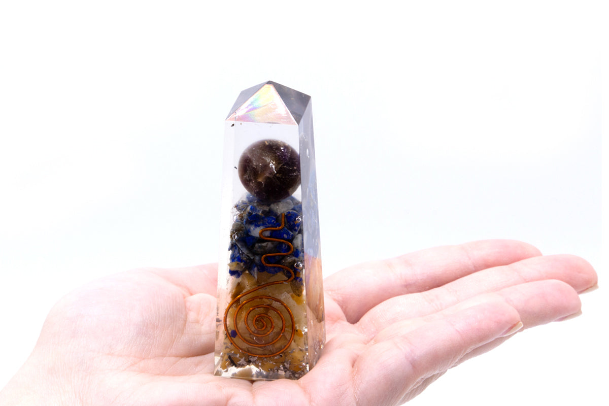 Orgonite Obelisk Power Point Copper, Lapis and Yellow Aventurine - 90x25 mm image 1