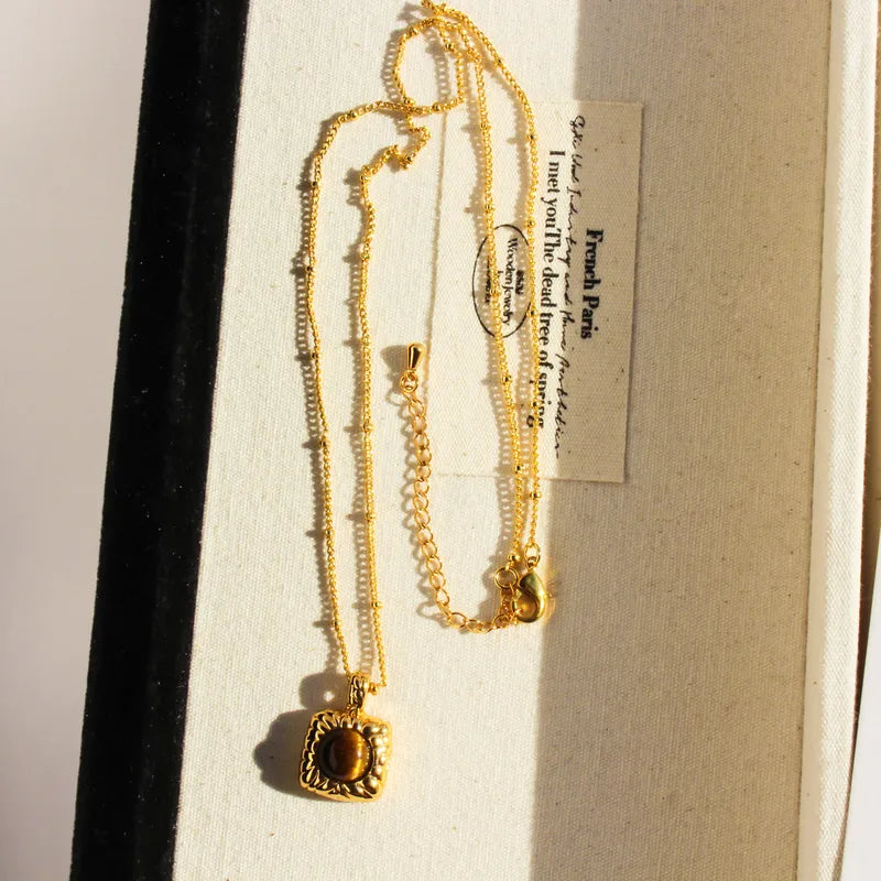 Brass 24K Gold Plated Inlay Square Tiger Eye Pendant Necklace image 4