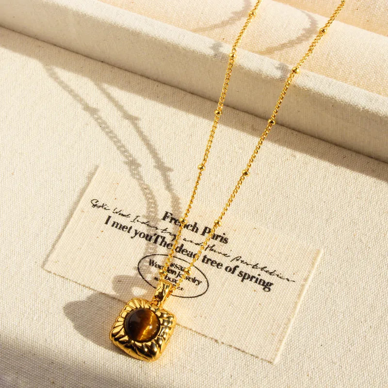 Brass 24K Gold Plated Inlay Square Tiger Eye Pendant Necklace image 3
